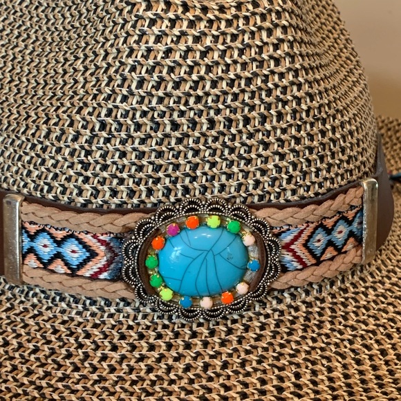 NWT COOL FASHION Brand Brown and tan adjustable hat w turquoise multi stone band - Picture 4 of 11